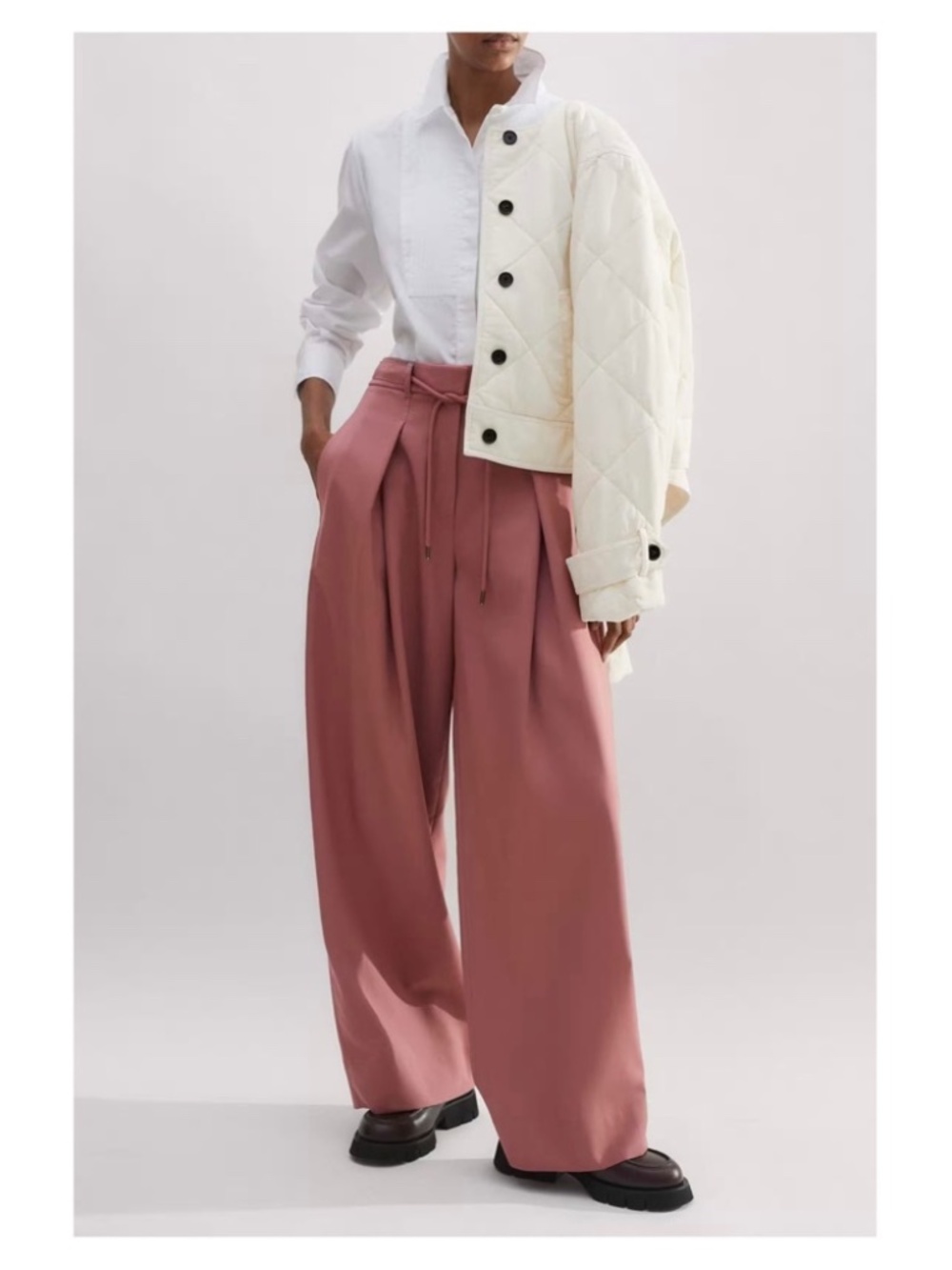 New! ME+EM • Tailored Wide Tapered Trouser + Belt in Smoke Pink